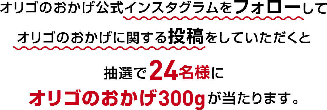 オリゴのおかげ公式インスタグラムをフォローしてオリゴのおかげに関する投稿をしていただくと抽選で24名様にオリゴのおかげ300gが当たります。